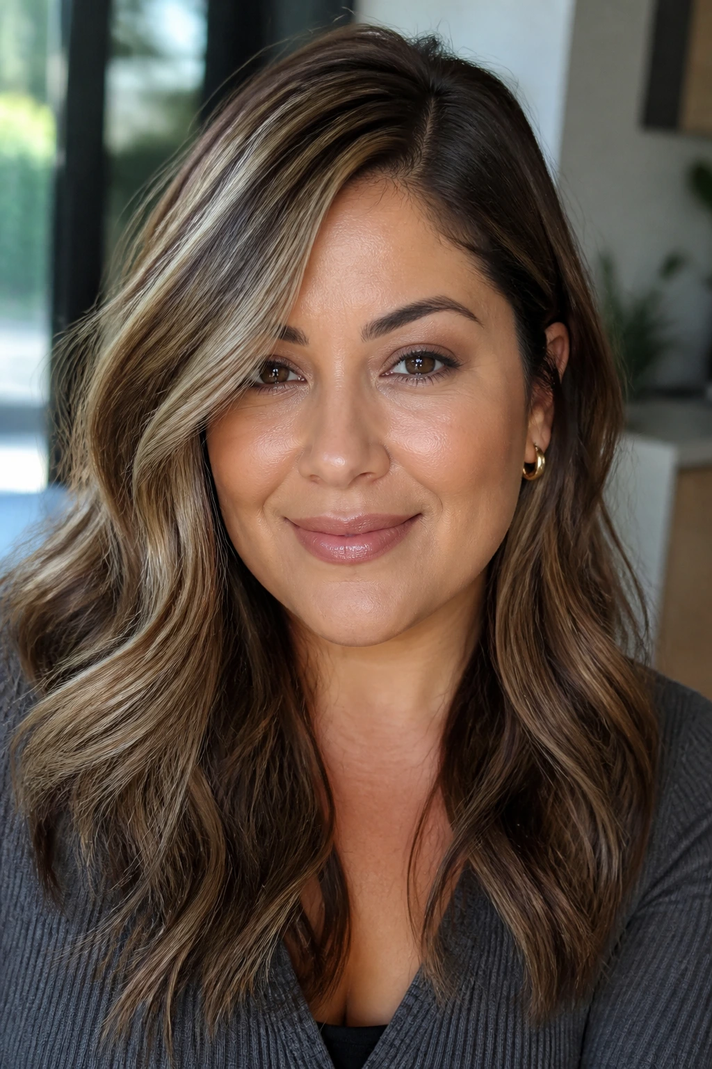 Portrait of a woman with a side-part and diagonal highlights creating asymmetrical brightness
