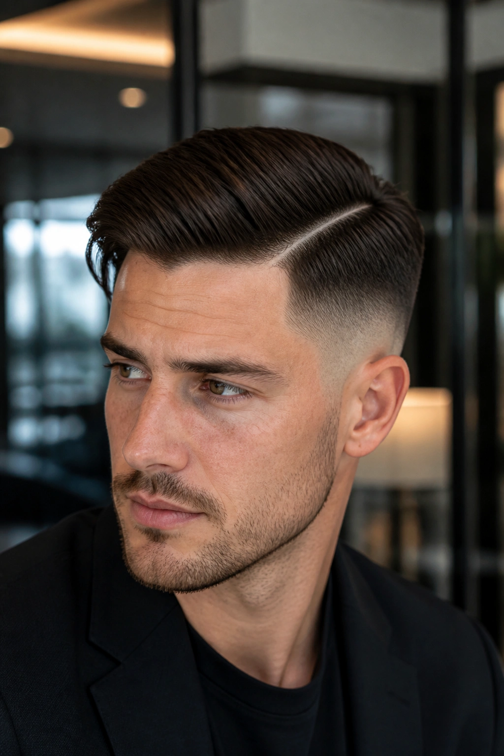 Close-up of a man with a side-part fade and longer crown in an office setting.