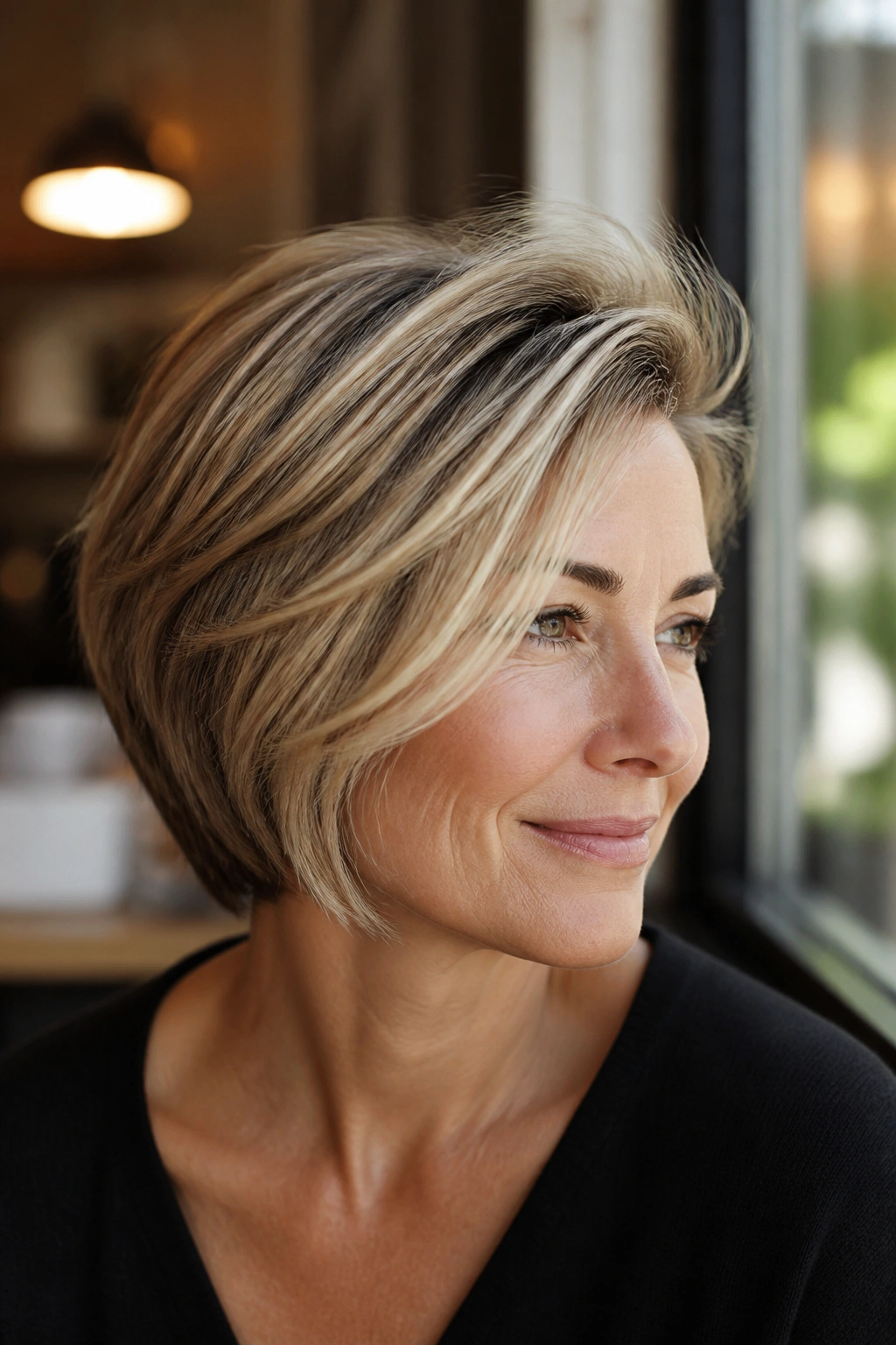 Close-up portrait of a woman with side-part feathered bob and root lift at crown in a cafe light