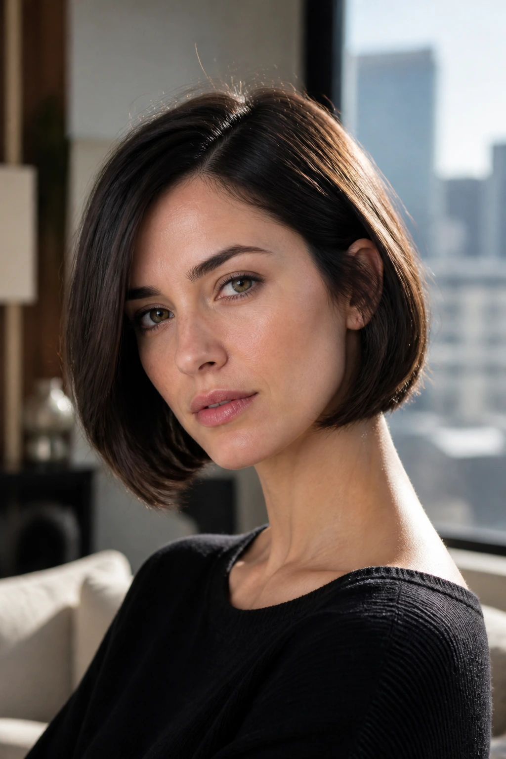 Close-up portrait of a real woman with a side-part French bob on straight hair