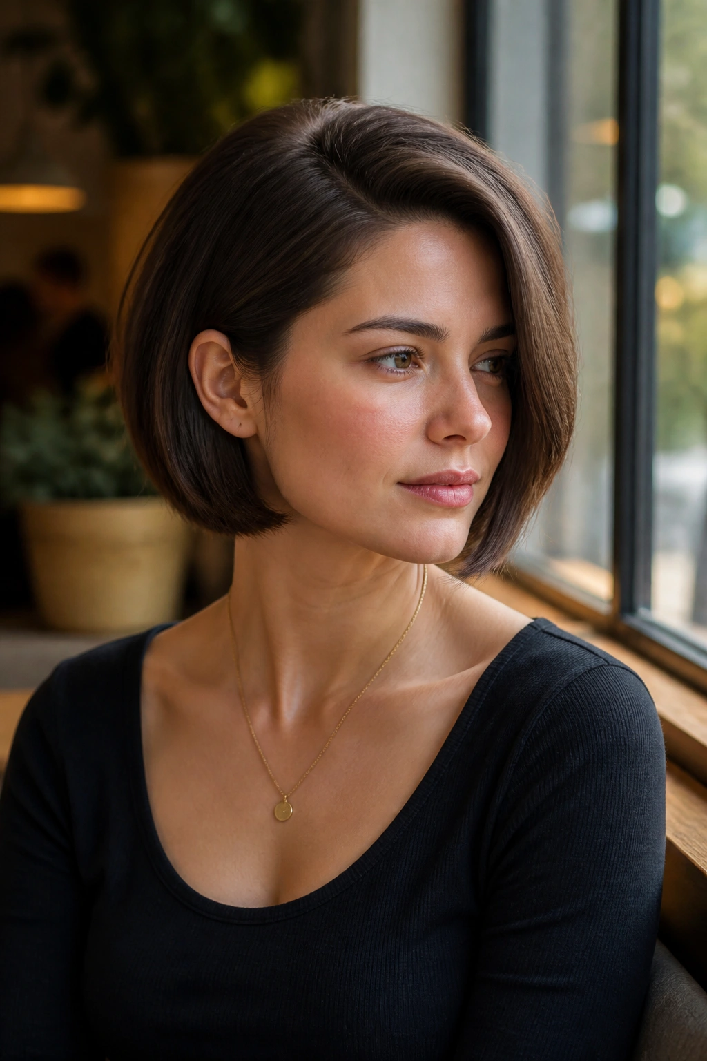 Close-up portrait of side-part French bob with soft crown lift