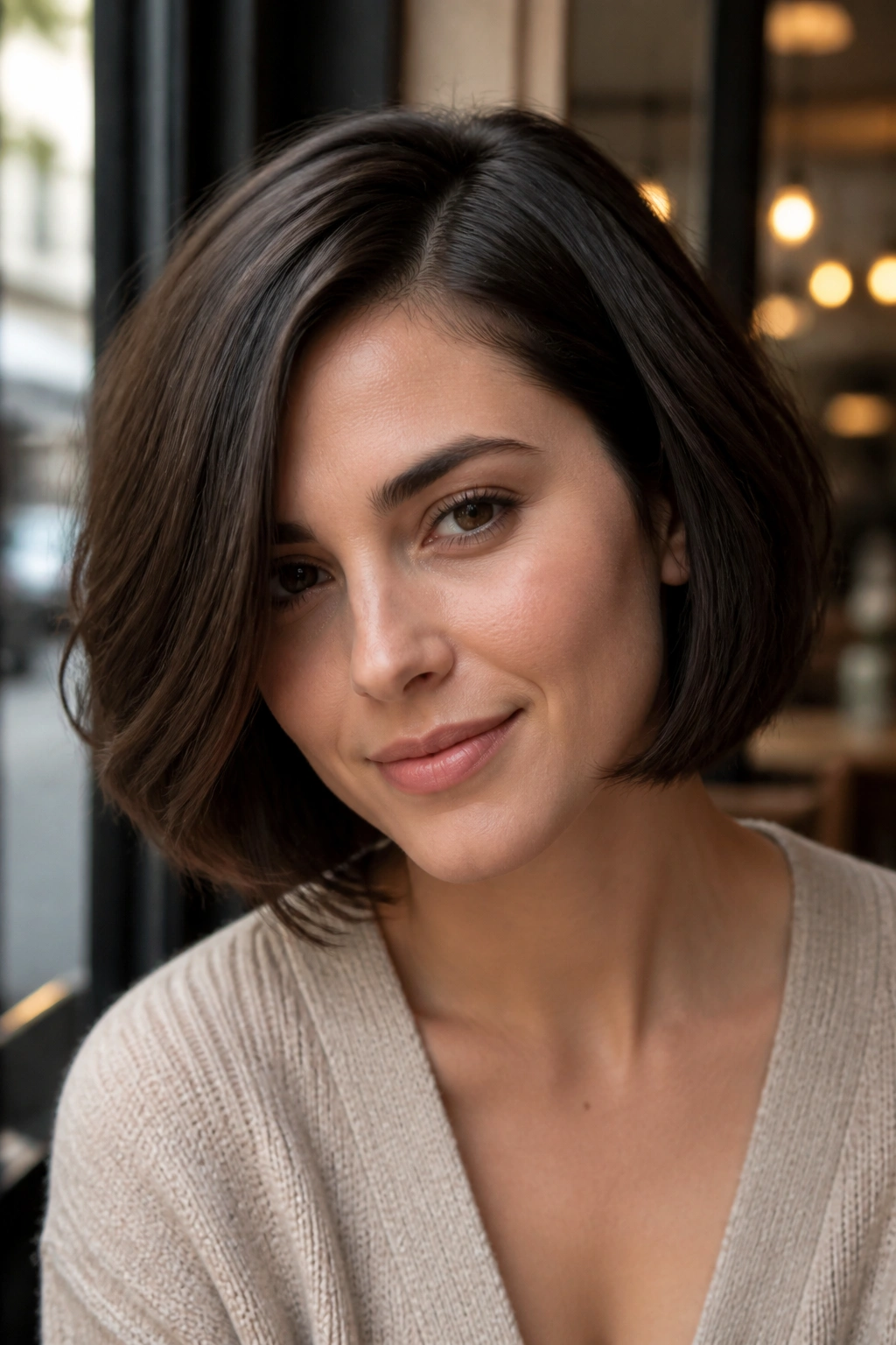 Close-up portrait of a real woman with a jaw-length French bob in espresso brown and a deep side part.