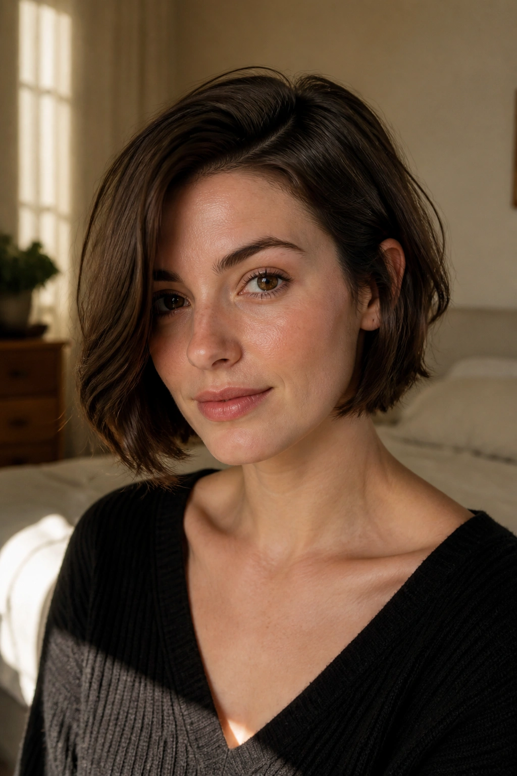 Close-up of a real woman with a side-part French bob and lifted roots