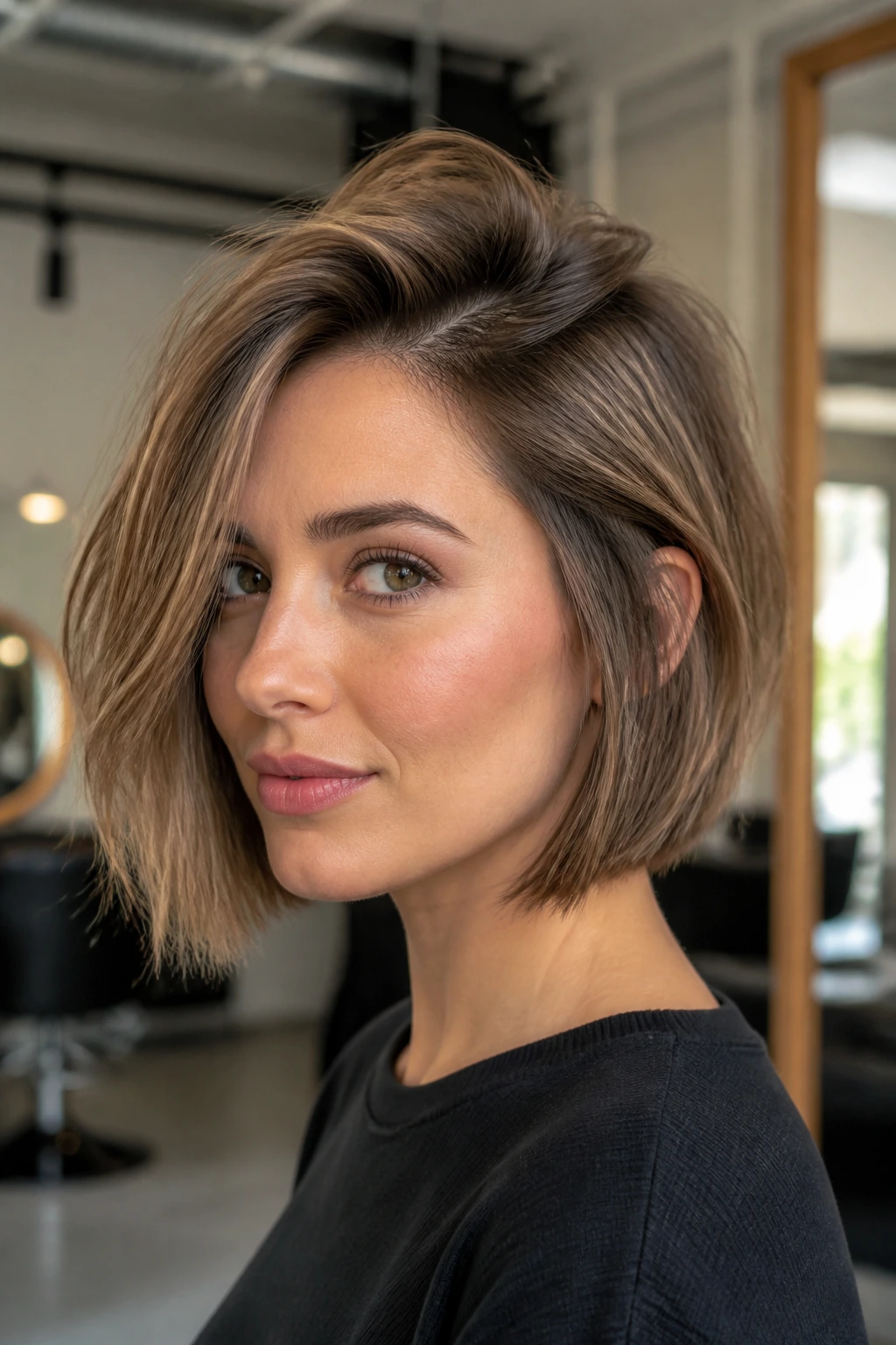 Close-up portrait of a real woman with side-part French bob and crown lift