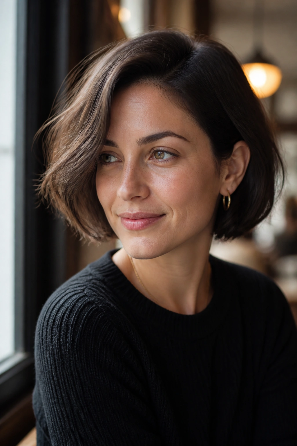 Real woman with side-part French bob in natural daylight at cafe window