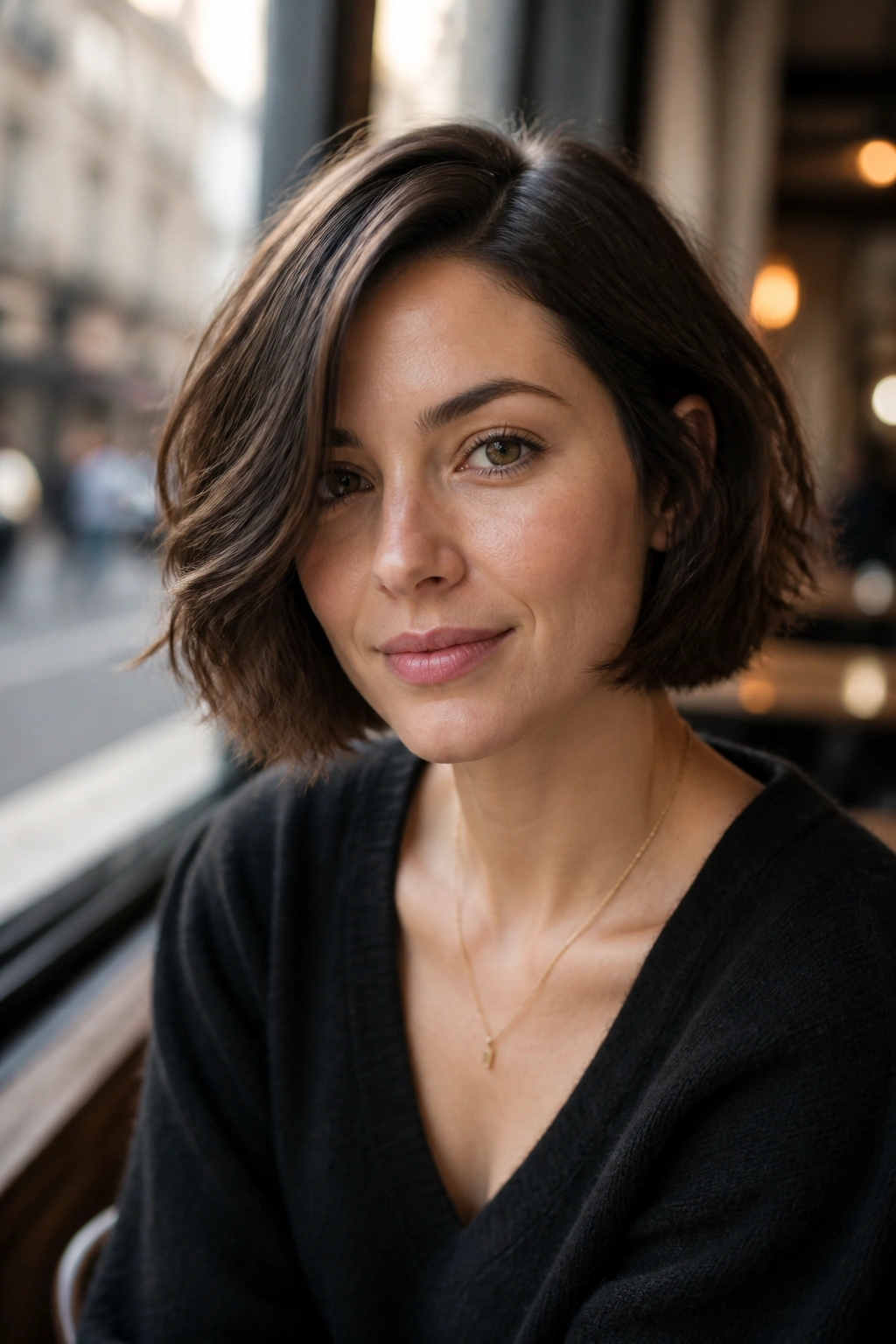 Close-up of a real woman with a side-part French bob and soft ends