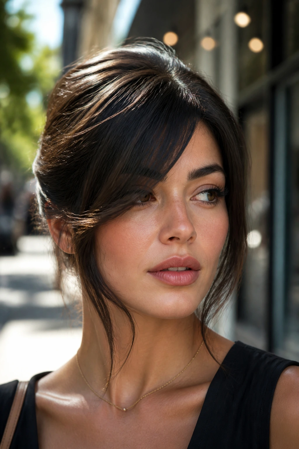 Side-part fringe with long draped ends on a real person outdoors
