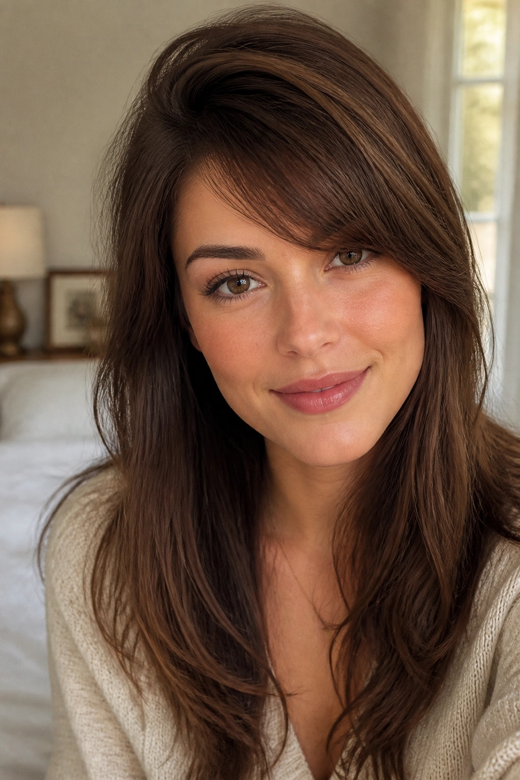 Close-up of side-part fringe with lifted roots on a real woman, warm bedroom light.