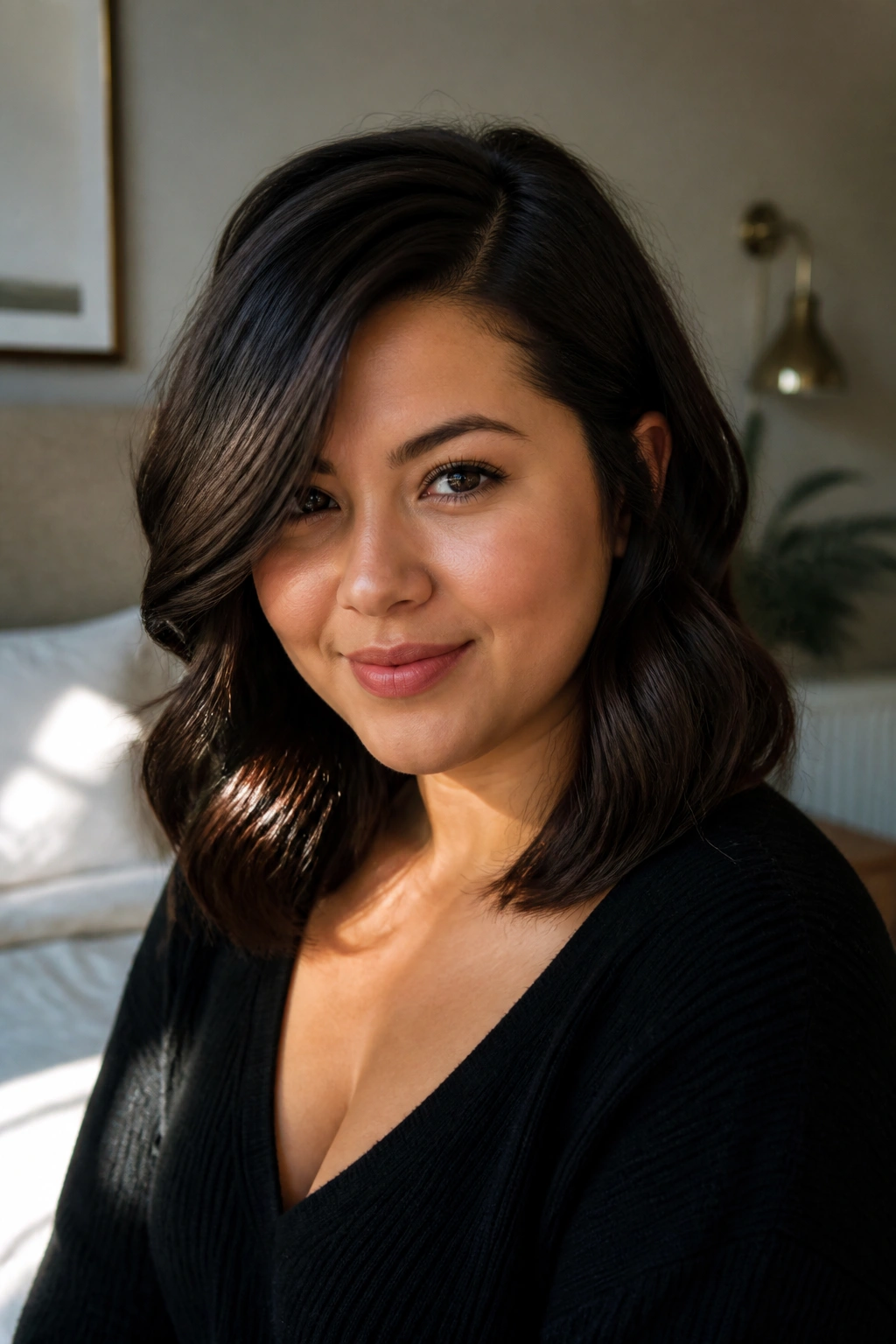 Close-up portrait of a real woman with a side-part hairstyle on a round face lit by warm window light