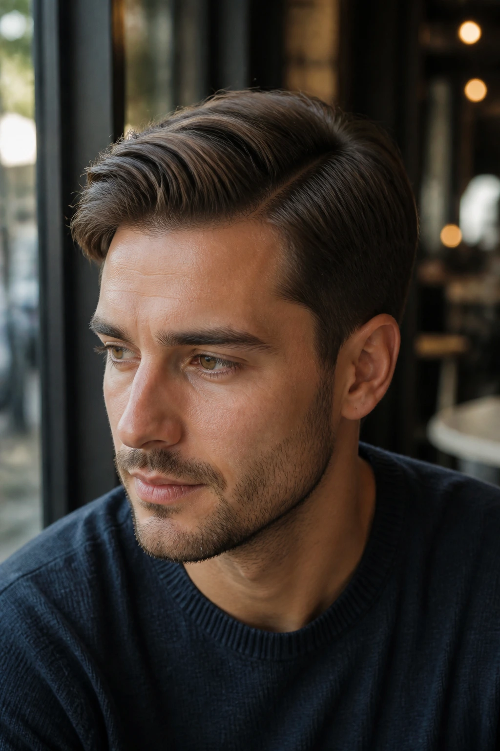 Close-up portrait of a man with a natural side-part in warm cafe light