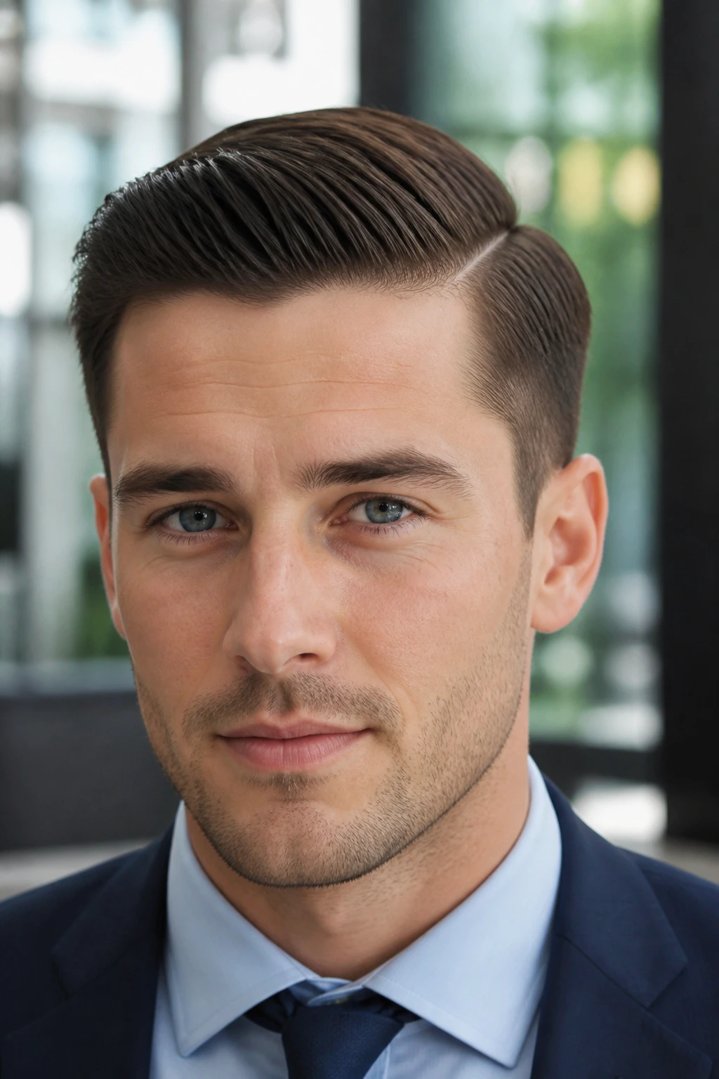 Close-up portrait of a man with a side-part hairstyle in an office lobby