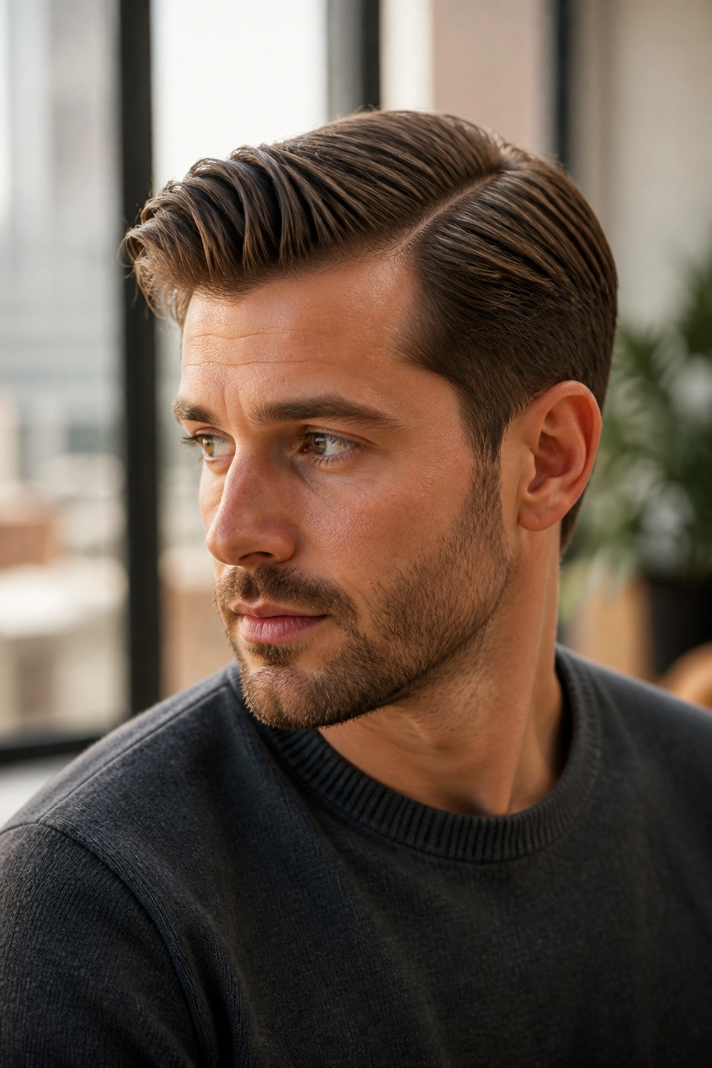 Close-up portrait of a man with a natural side-part hairstyle in a warm urban setting