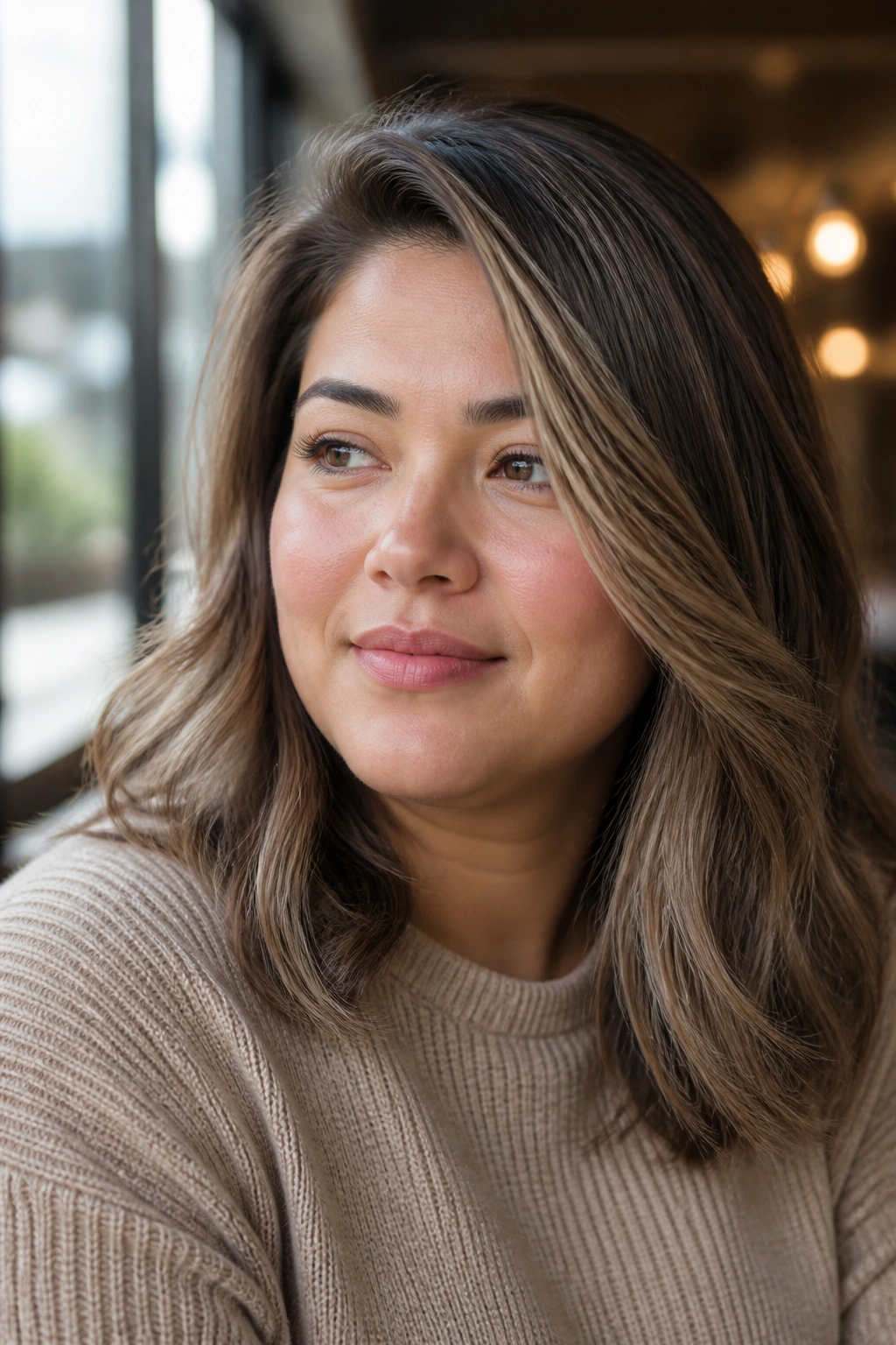 Close-up of a real woman with a side-part and brighter temple highlight