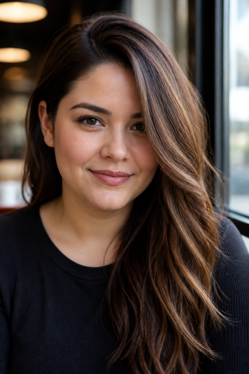 Portrait of a woman with a side-parted hairstyle and weighted chocolate brown highlights on one side.