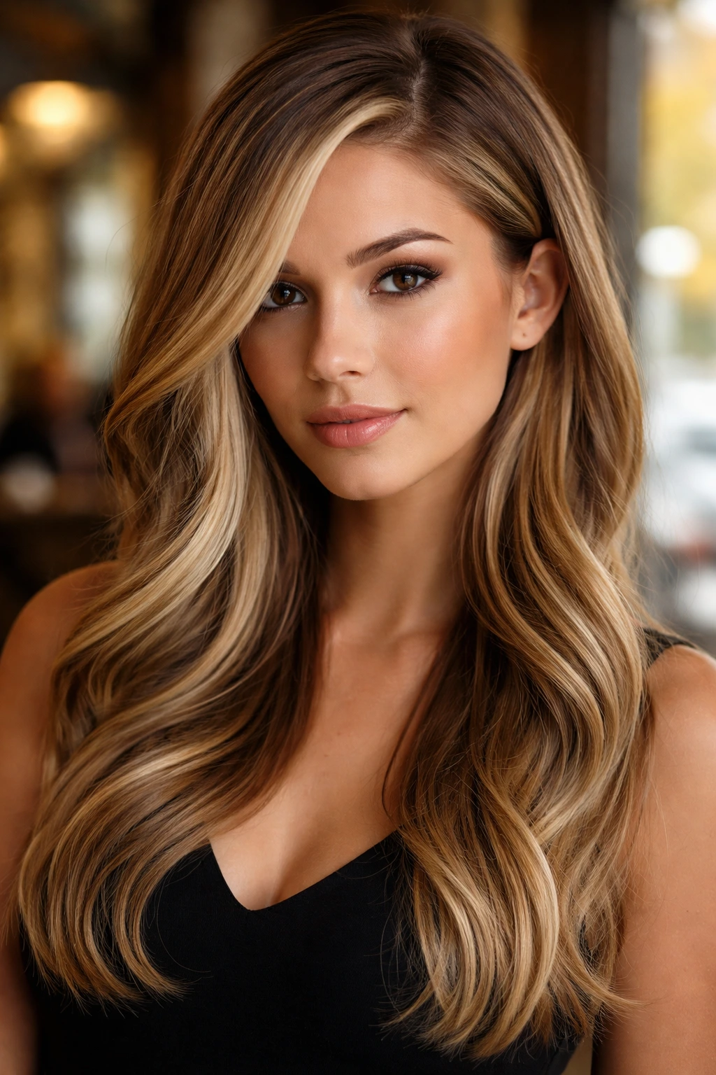 Close-up of a real woman with a deep side part and a bright spotlight highlight.