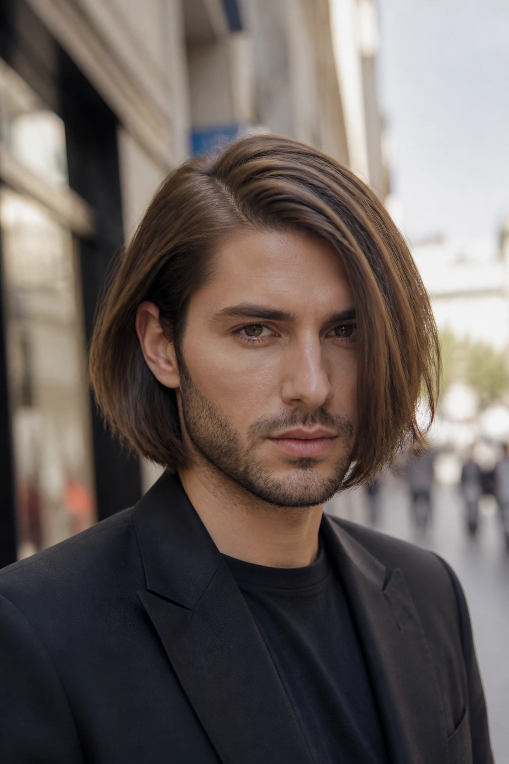 Real man with a side-part inverted bob on an urban street backdrop.