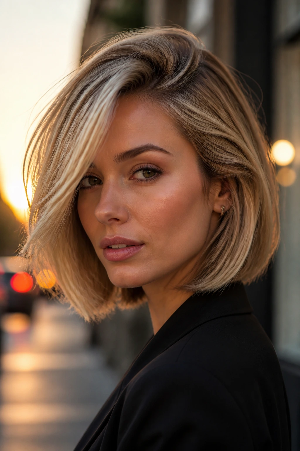 Close-up portrait of real woman with deep side-part layered bob on urban street at golden hour