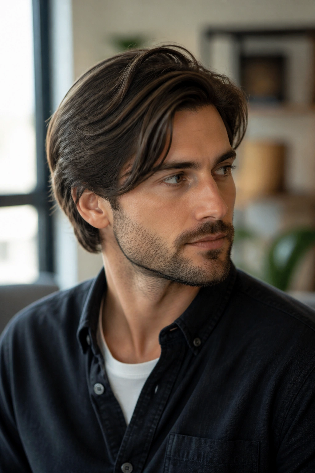 Portrait of a man with a medium-length side-part and subtle layers for a natural part.