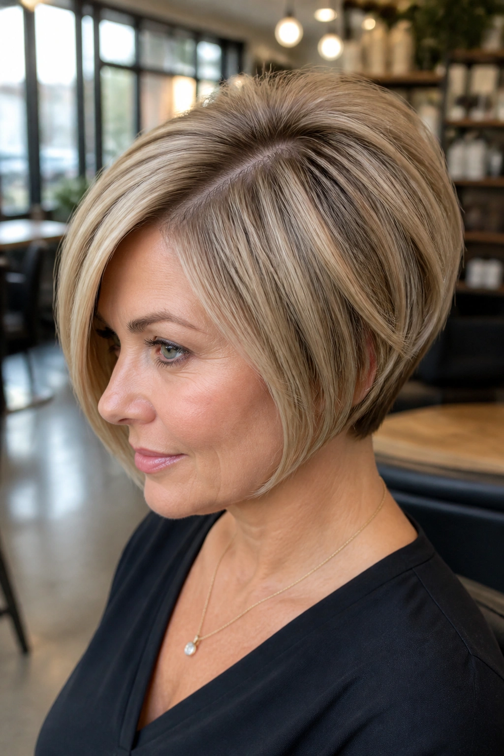 Close-up of a real woman with a side-parted stacked bob showing root lift