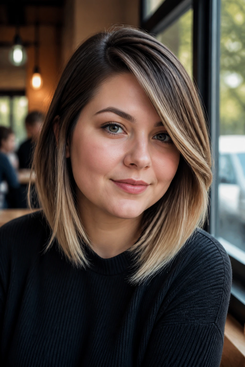 Portrait of a real woman with a side-part and light-ended hair that elongates the face