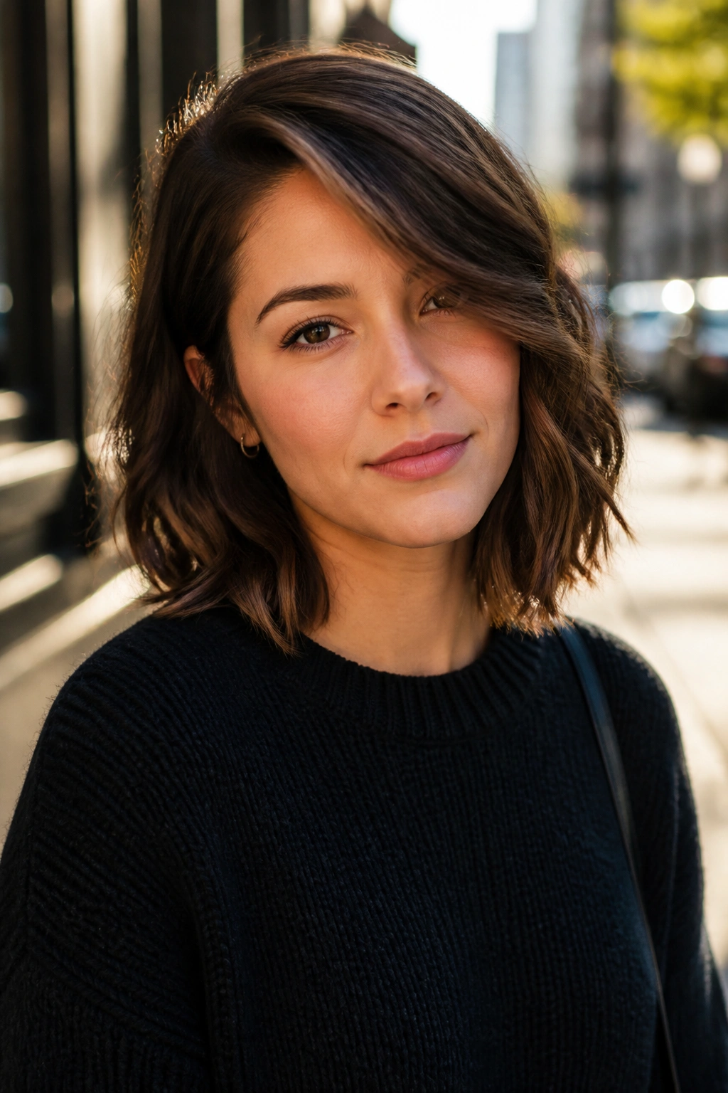 Medium close-up of a real woman with a deep side-part lob breaking the circle outdoors