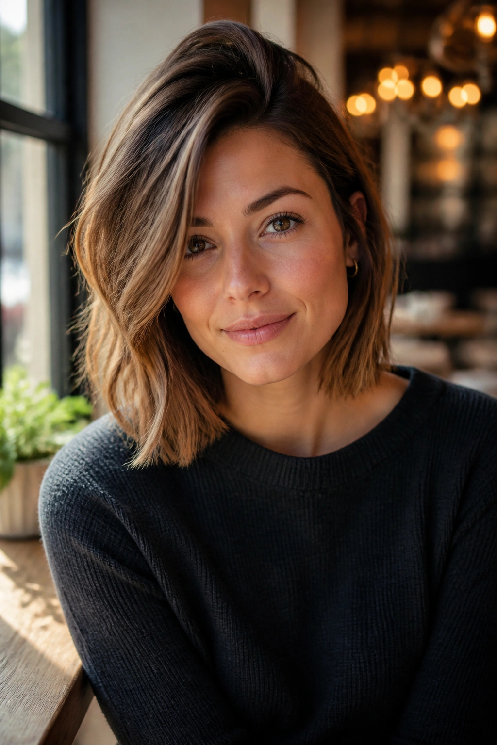 Close-up portrait of a real woman with a side-part lob, crown volume under cafe lighting