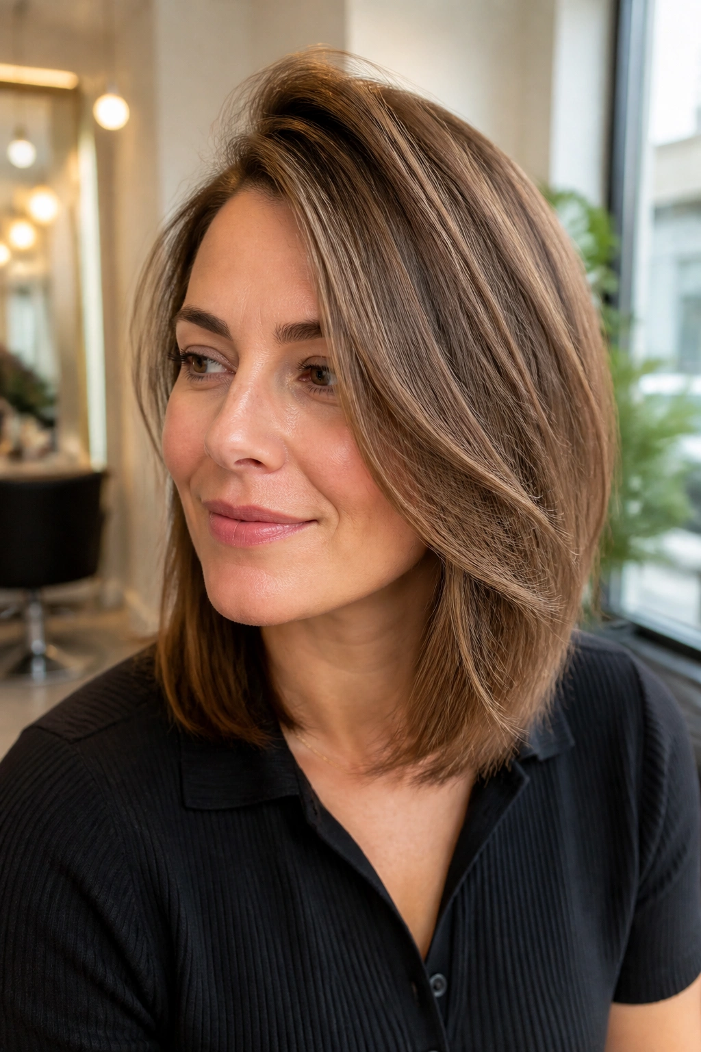 Close-up of a real woman's side-parted lob with subtle one-point layers in warm window light.