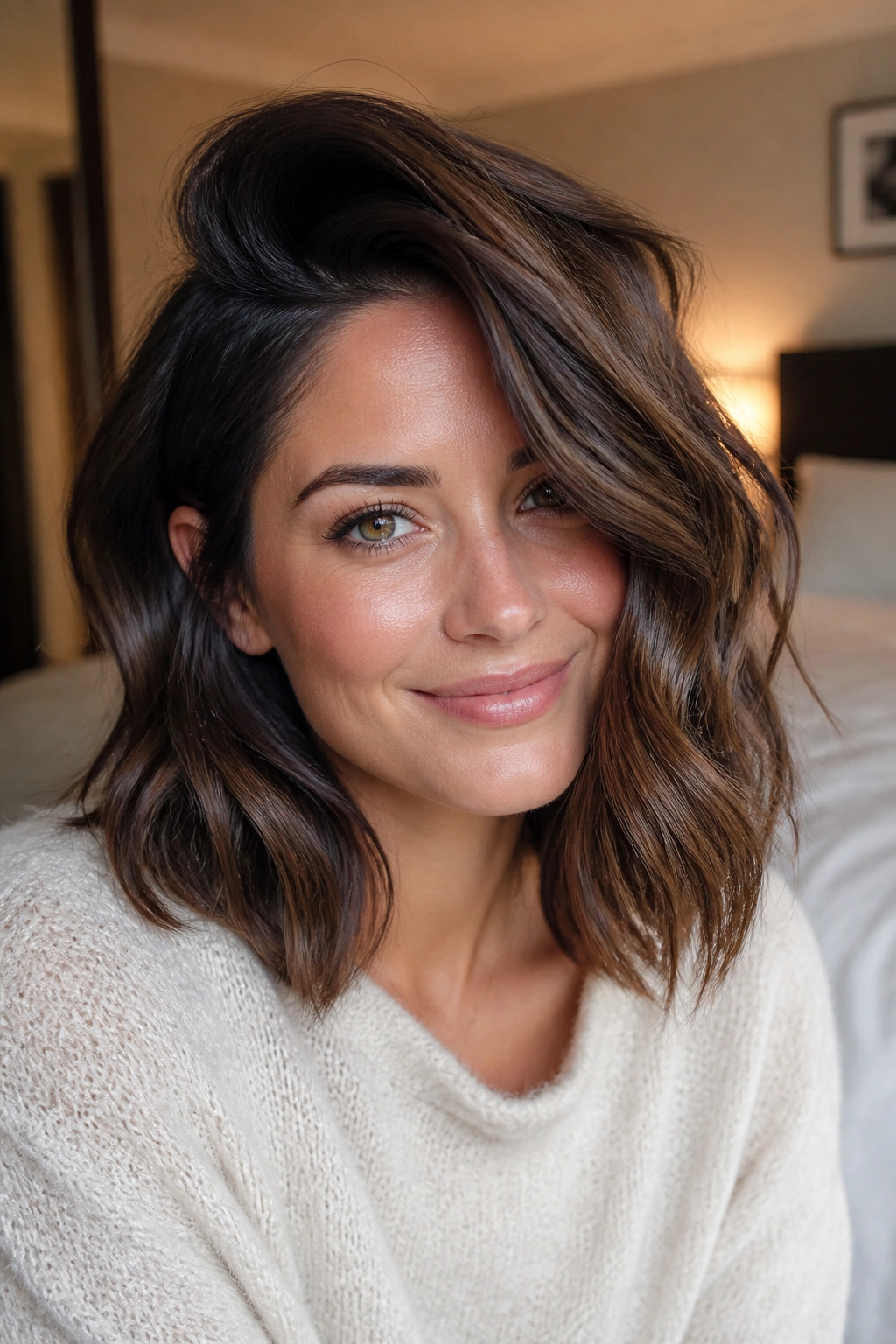 Close-up of a real woman with a side-part and lifted crown in a cozy setting
