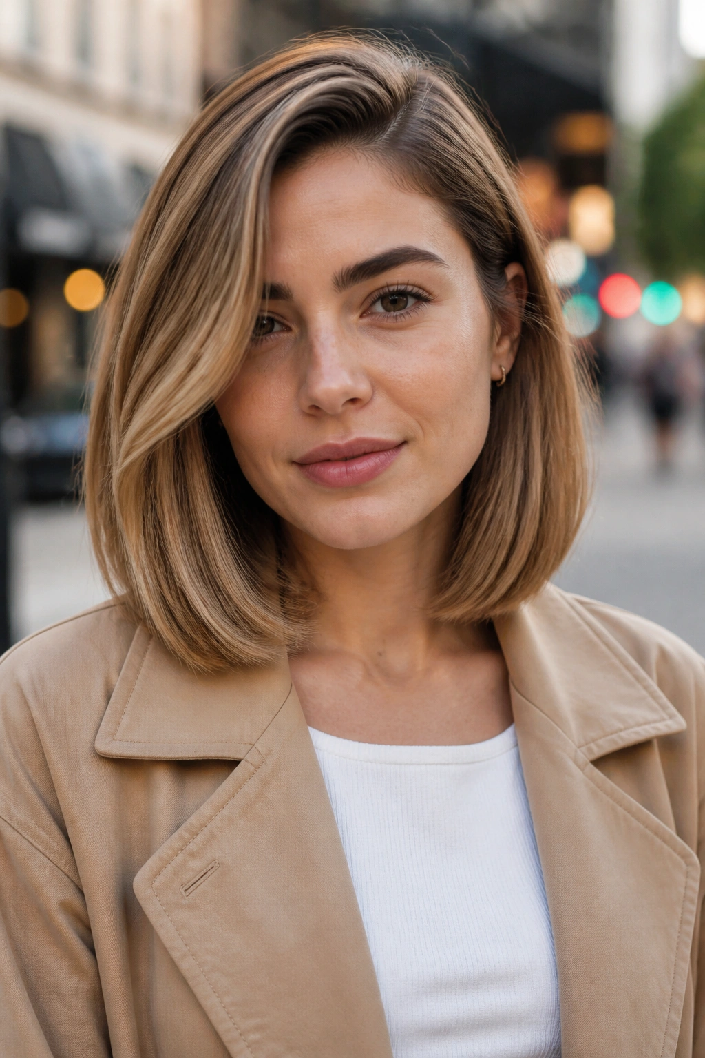 Real woman with side-parted lob and full perimeter in urban setting