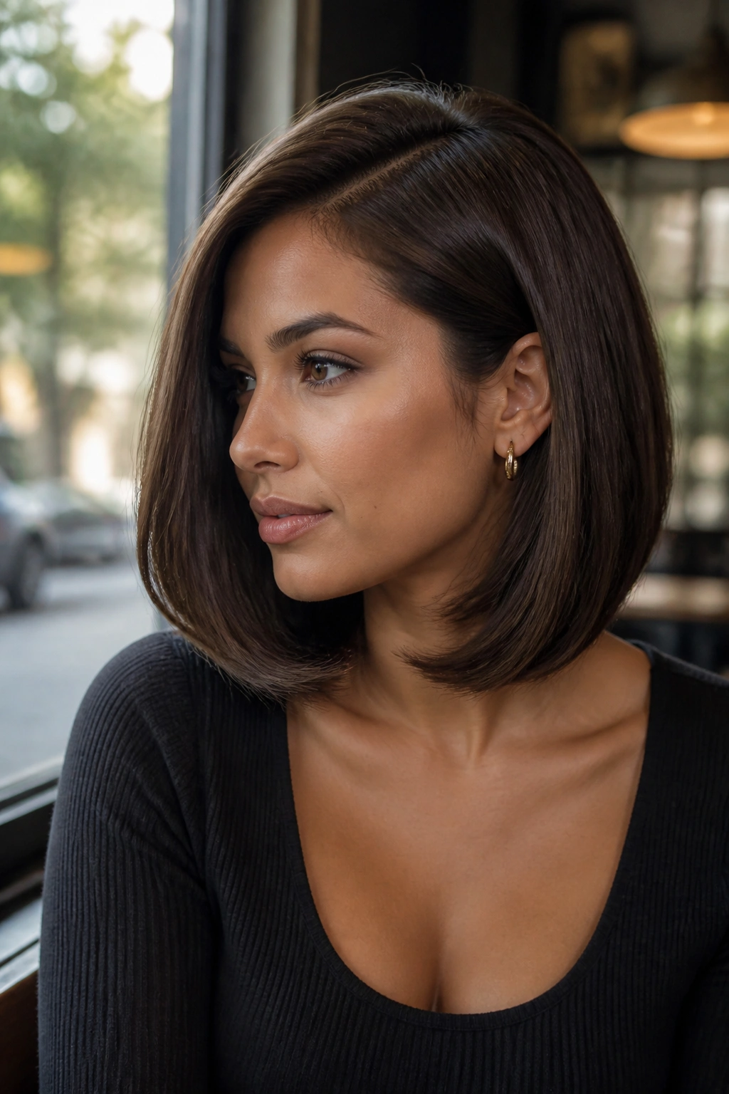 Real woman with side-part lob and tucked ends