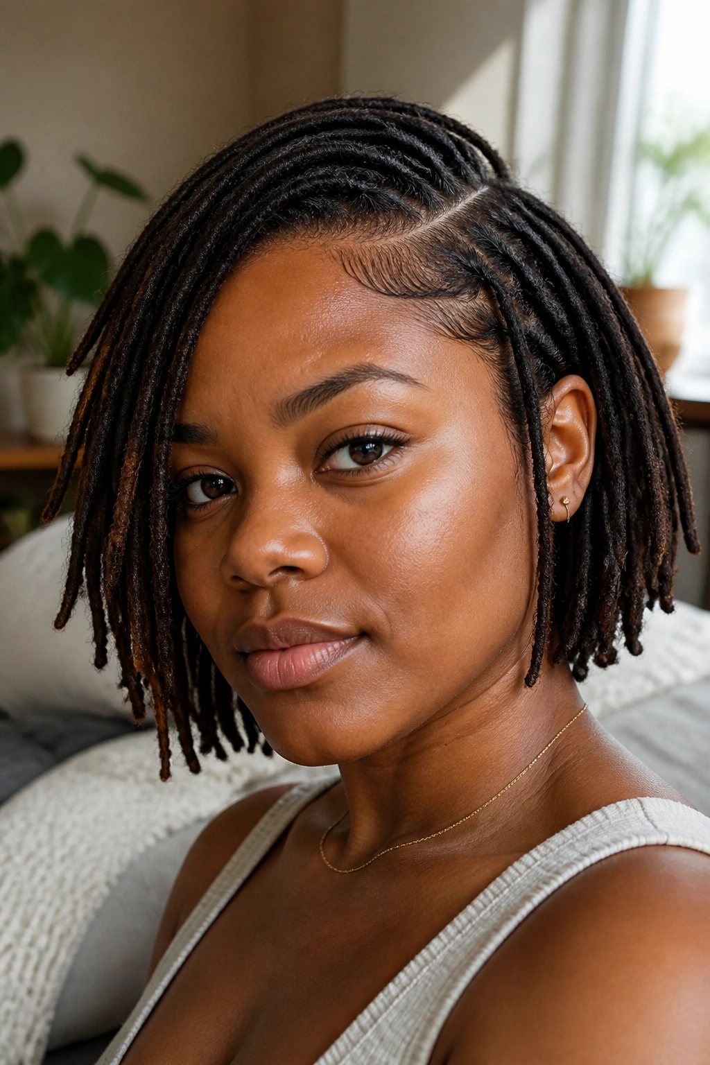 Close-up of a real woman with a side-parted chin-length loc bob, diagonal part flattering a round face