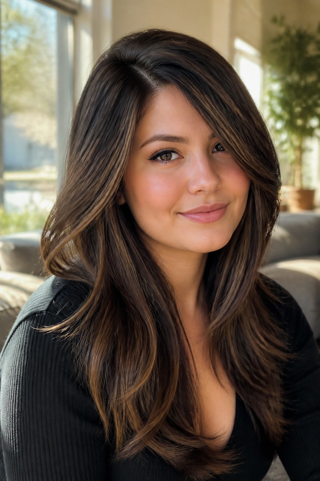 Close-up portrait of a real woman with a side-parted long layered hairstyle framing her face