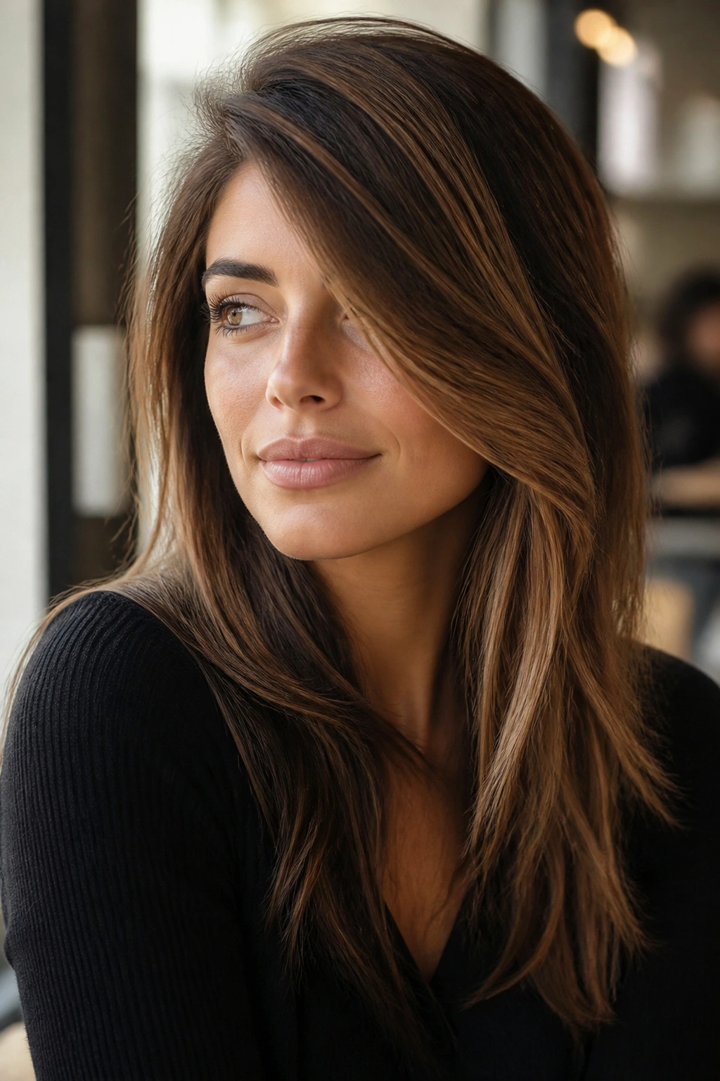 Portrait of a real woman with a deep side part and long sweep