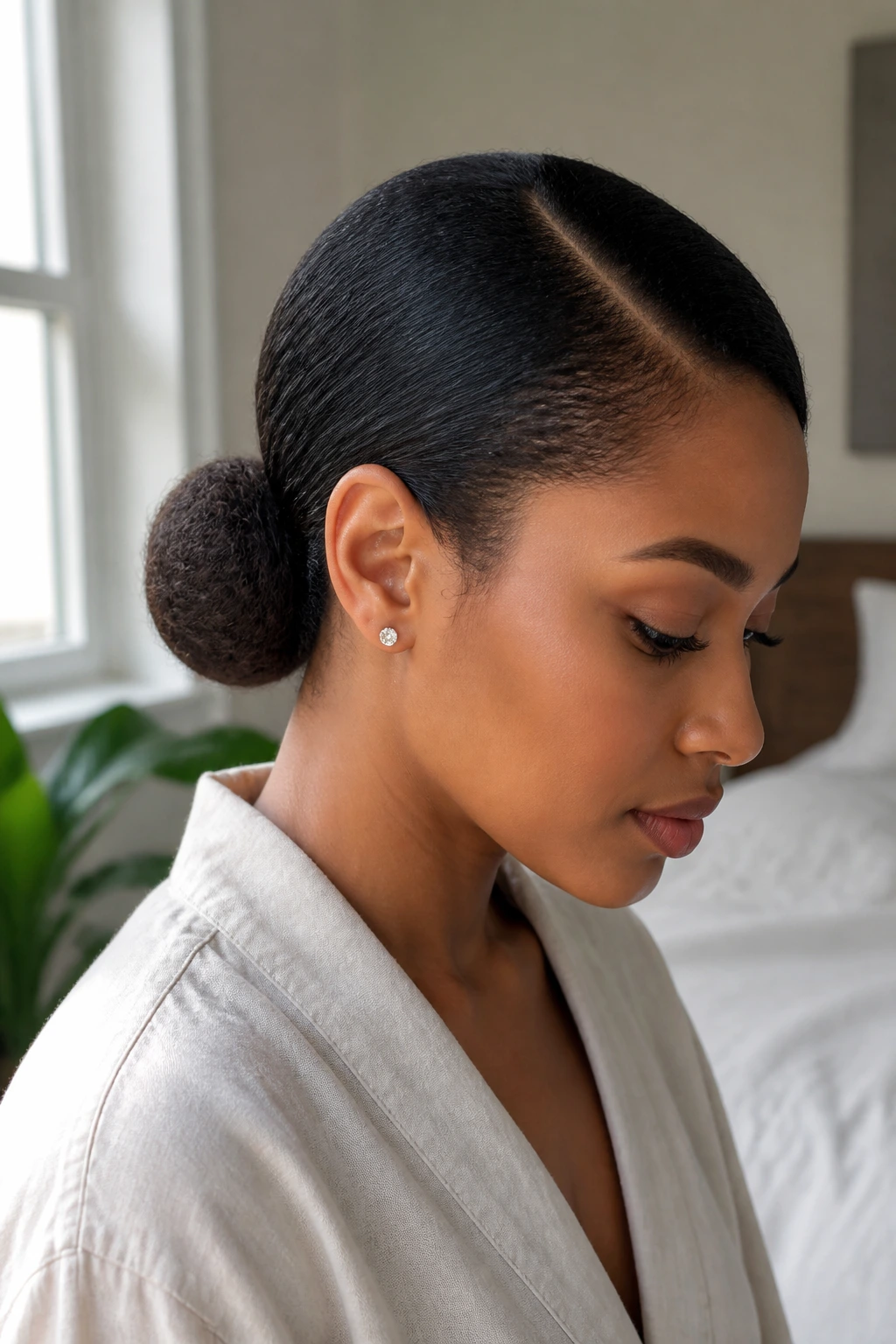 Close-up of a person with a side-part low bun in a cozy indoor setting