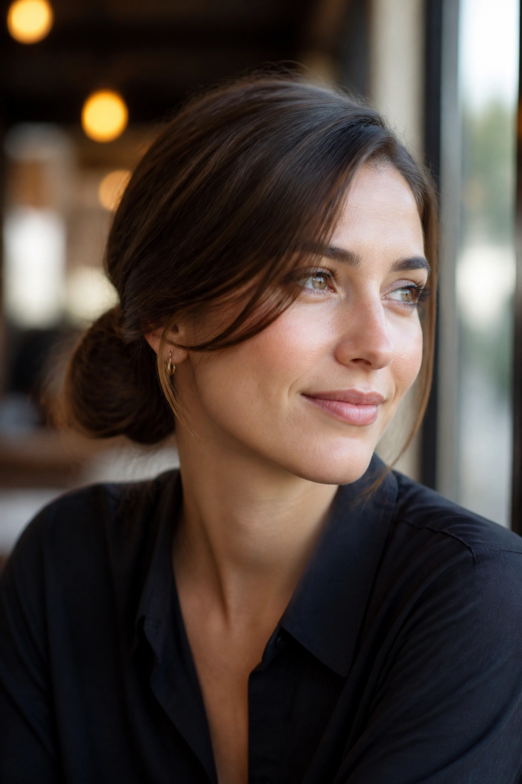 Close-up of a real woman with a side-part low bun and loose swoop
