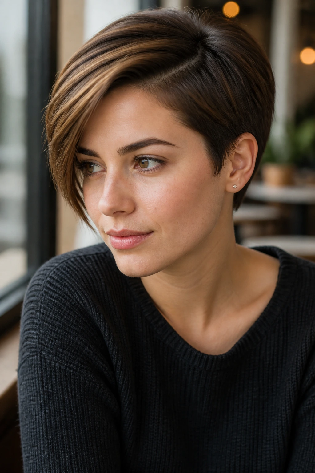 Portrait of a real woman with a deep side-part pixie and tuck-behind-ear styling.