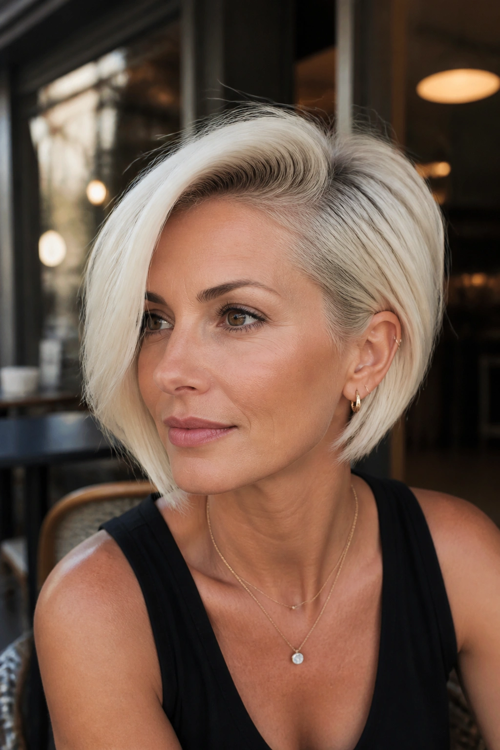 Close-up portrait of a real woman with a side-part platinum bob hairstyle