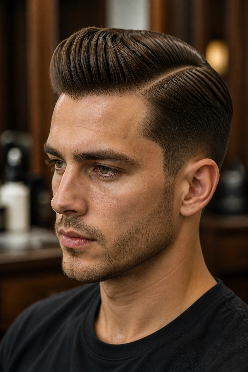 Close-up portrait of a man with a side-part pompadour.