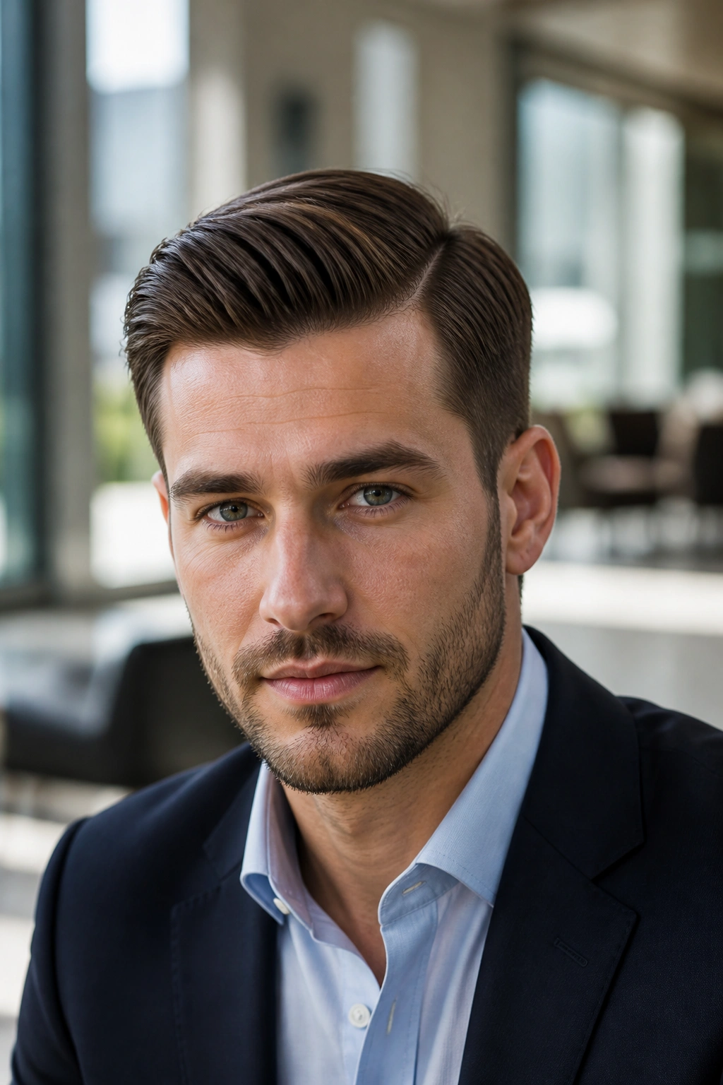 Close-up portrait of a man with a side-part hairstyle