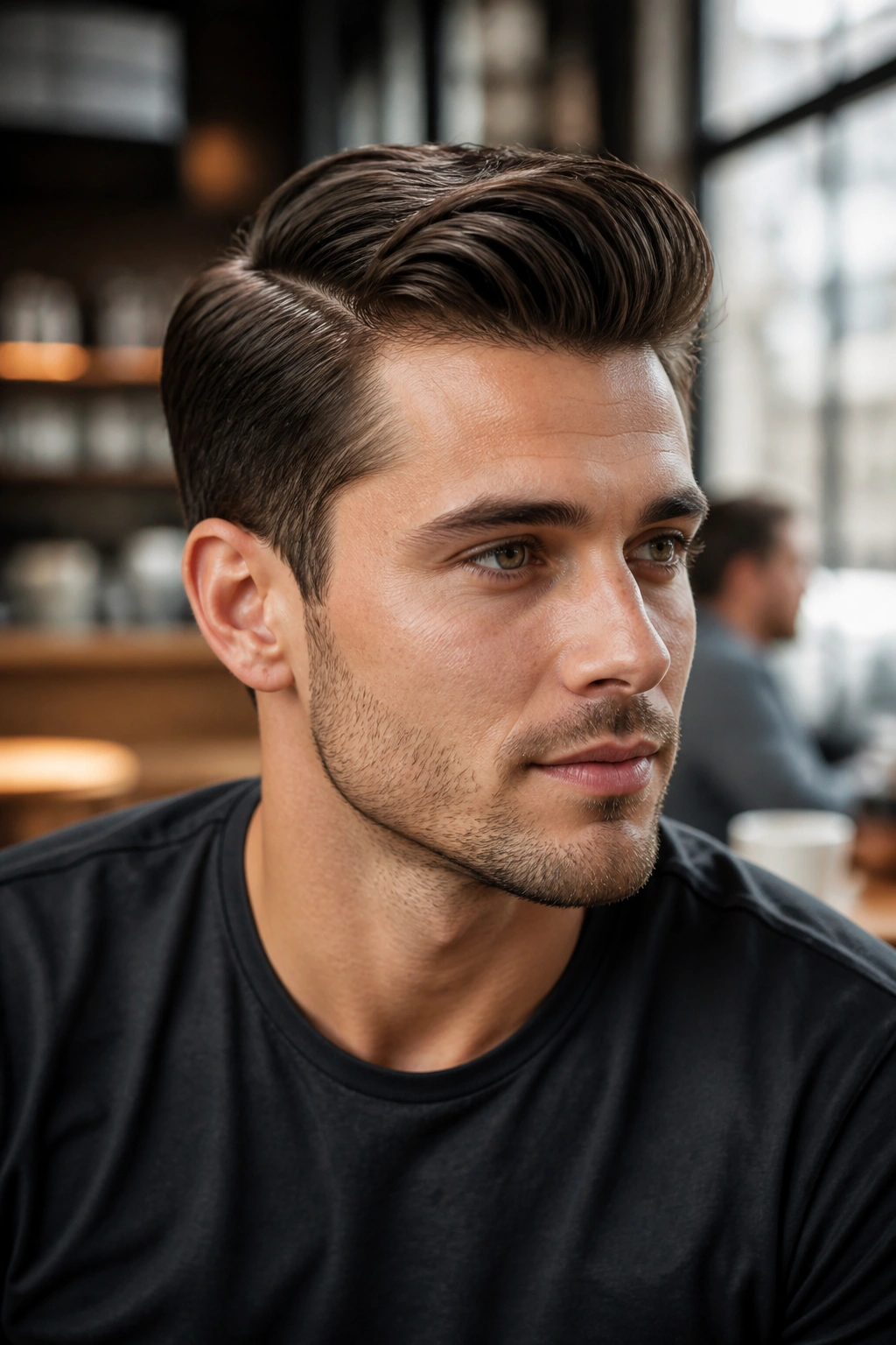 Close-up of a man with a side-parted quiff in a cafe interior