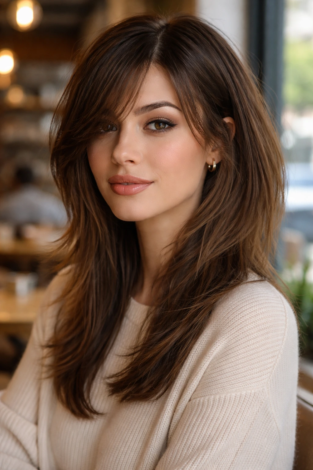 Real person with side-part shag and sweeping fringe in natural light.
