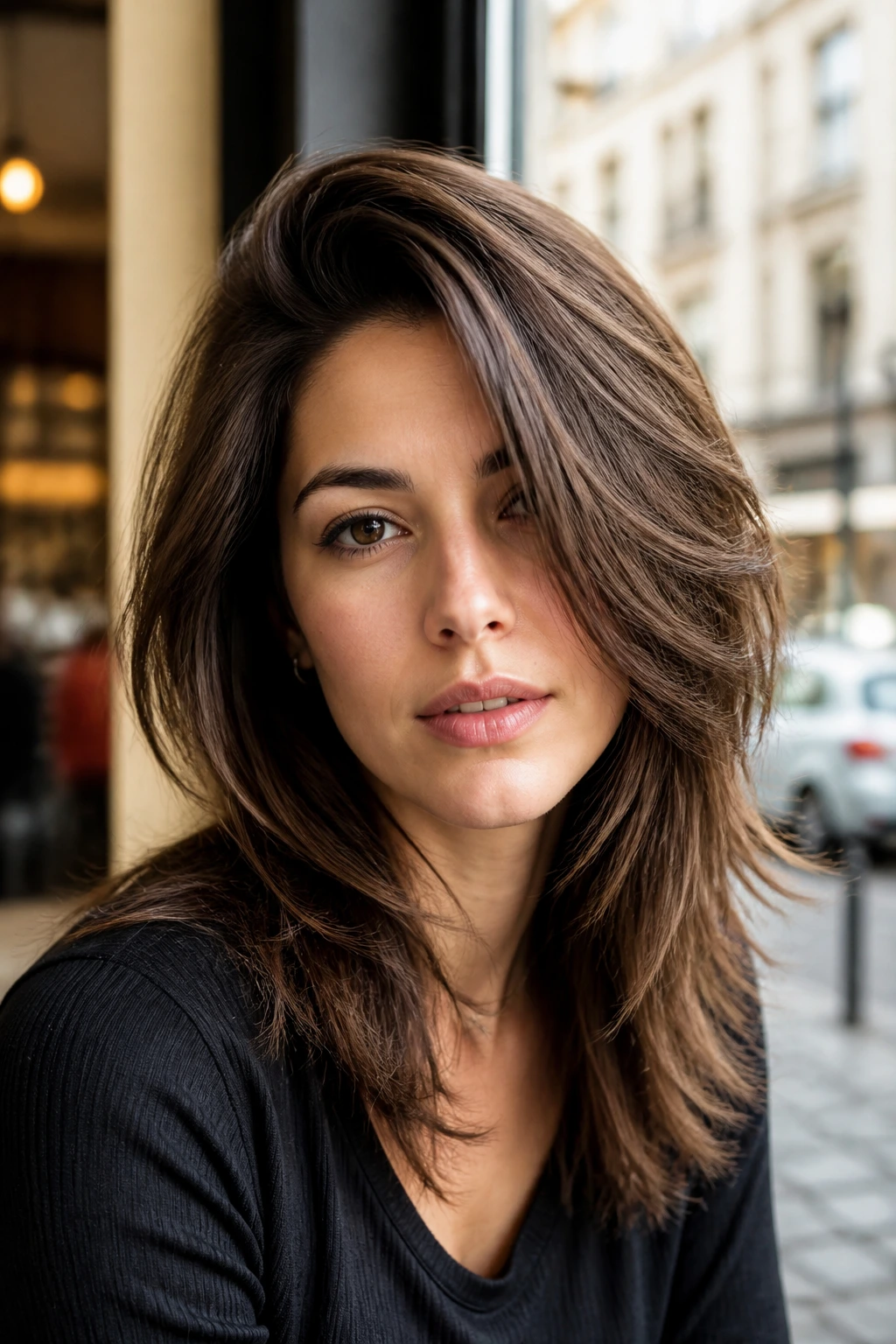 Close-up portrait of a real woman wearing a side-part shag hairstyle with lift at the crown in warm cafe light