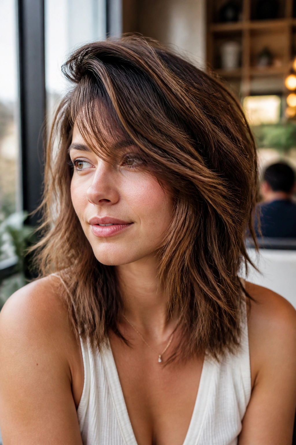 Shoulder-up portrait of a real woman with side-part bohemian shag and soft volume