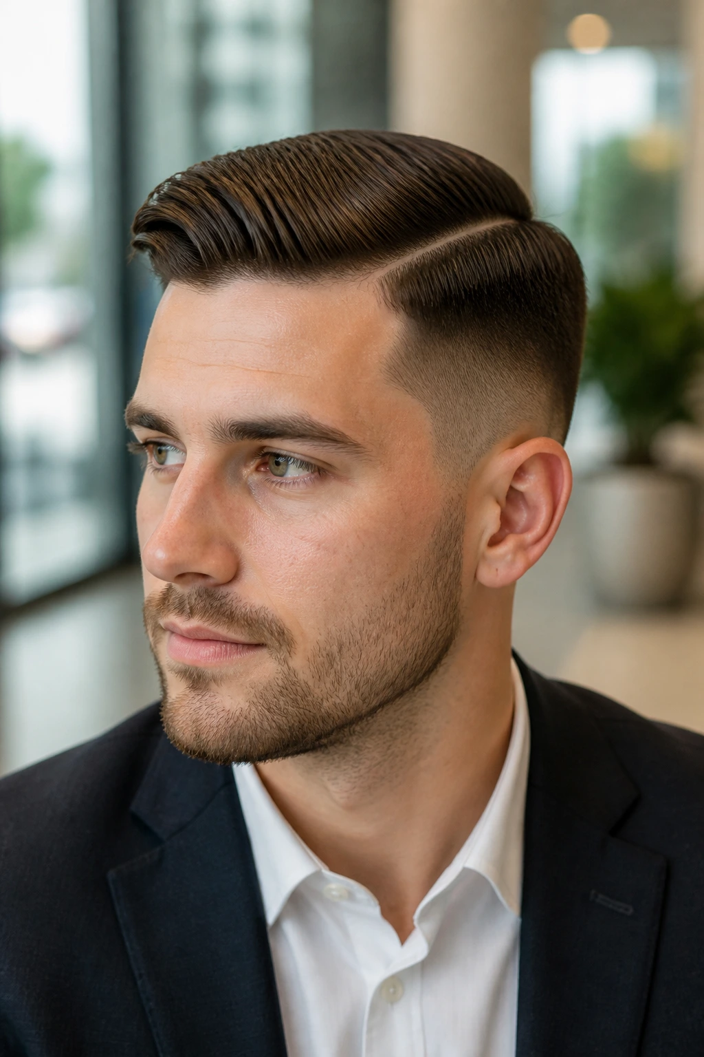 Close-up portrait of a real man with a polished side part in an office setting.