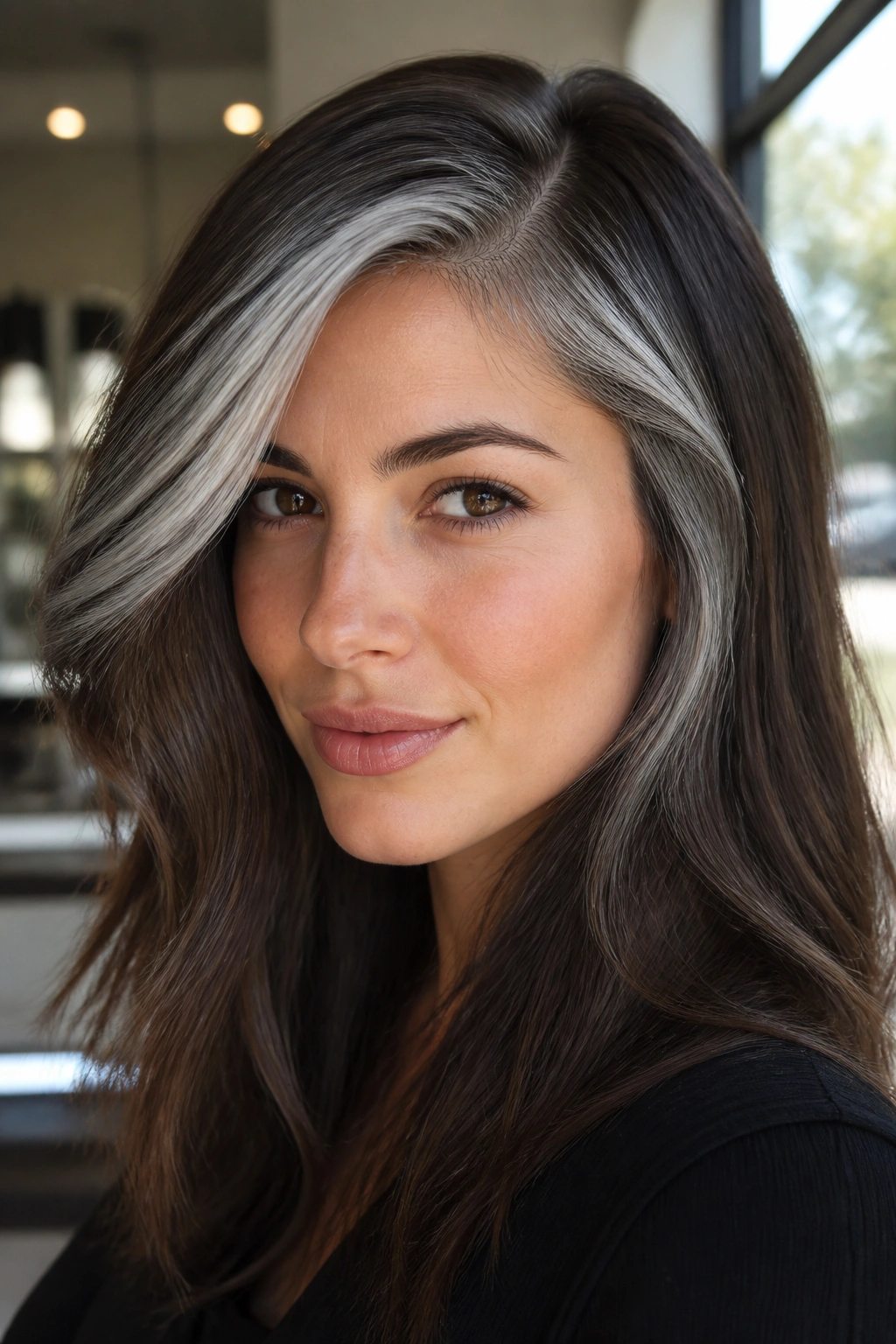Real woman with deep side part and silver sweep highlighting temple.