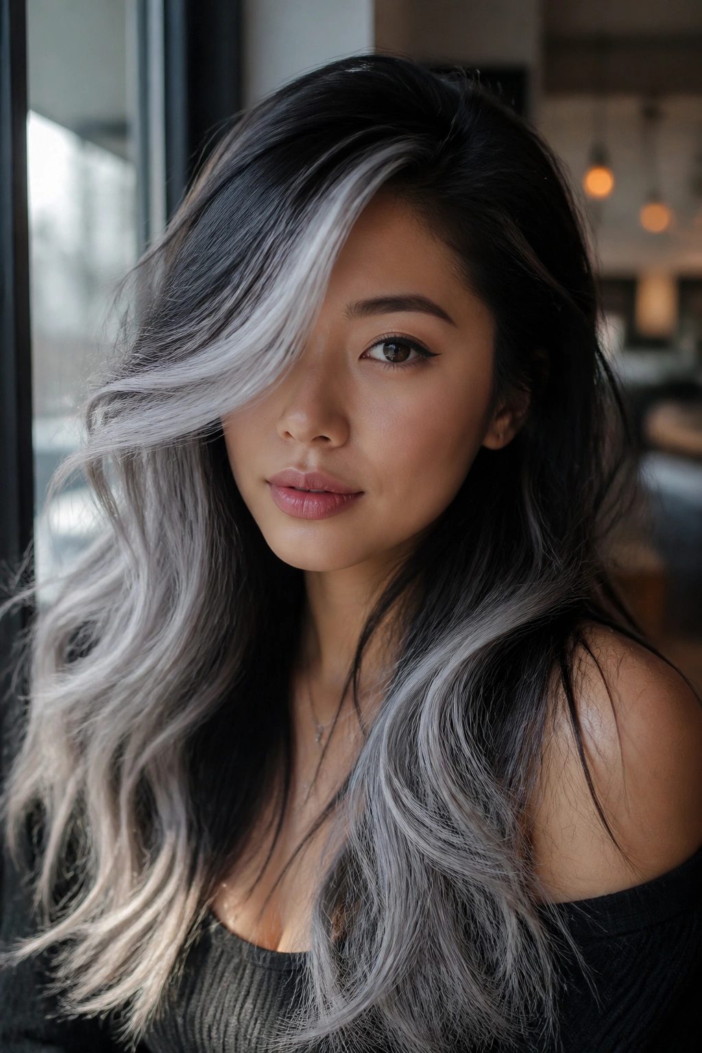 Close-up of a real person with side-part silver swoop