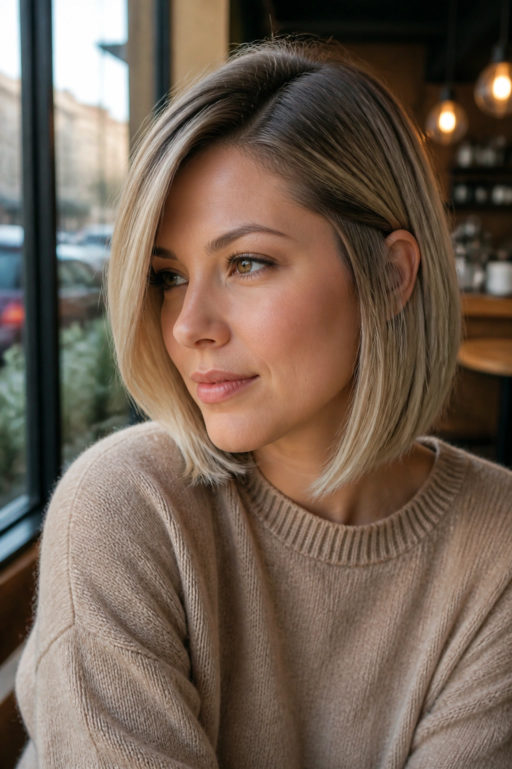 Close-up of a real woman with a side-parted smoked blond bob.