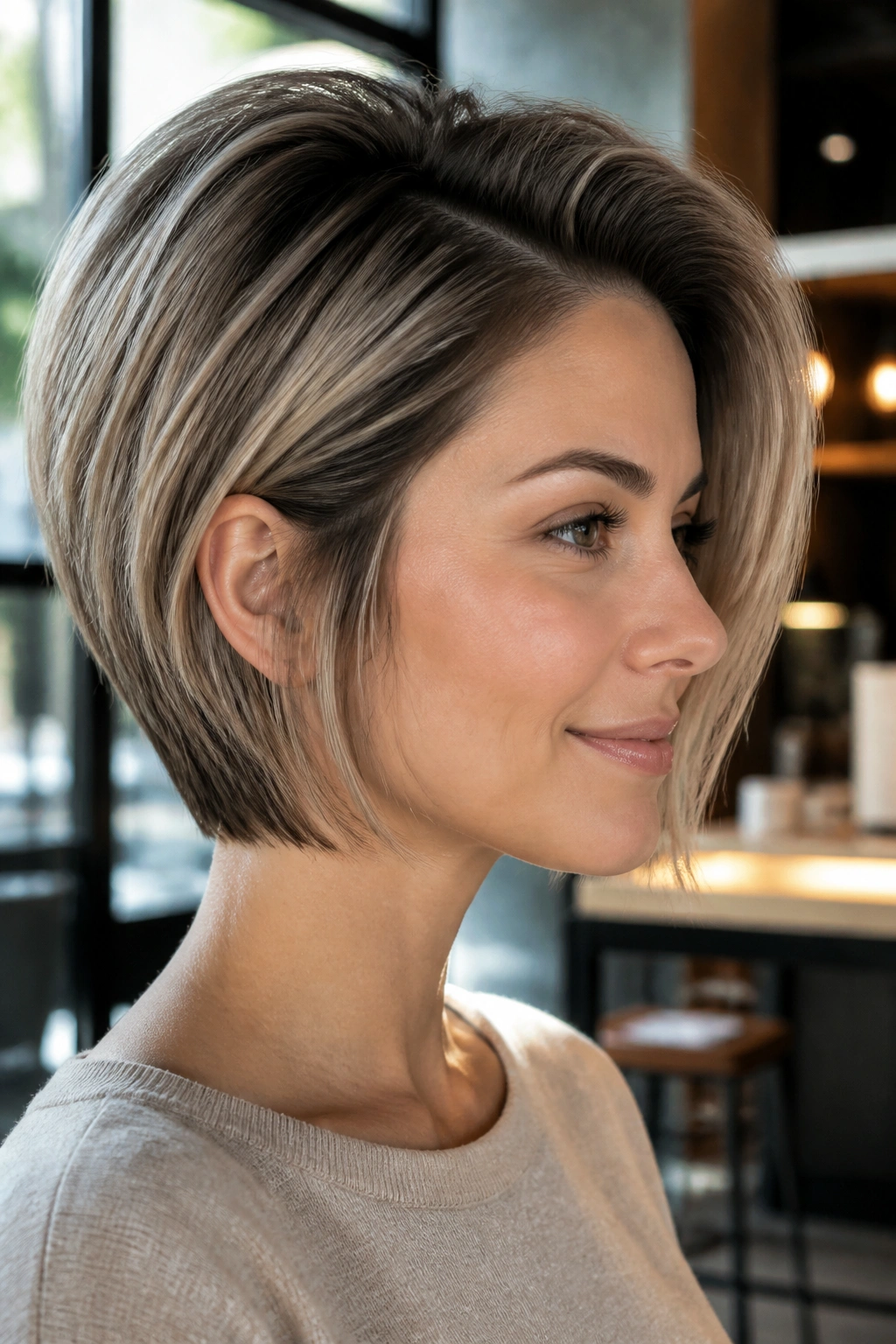 Close-up of a real woman with a deep side part and stacked crown in a bob, showing crown lift.