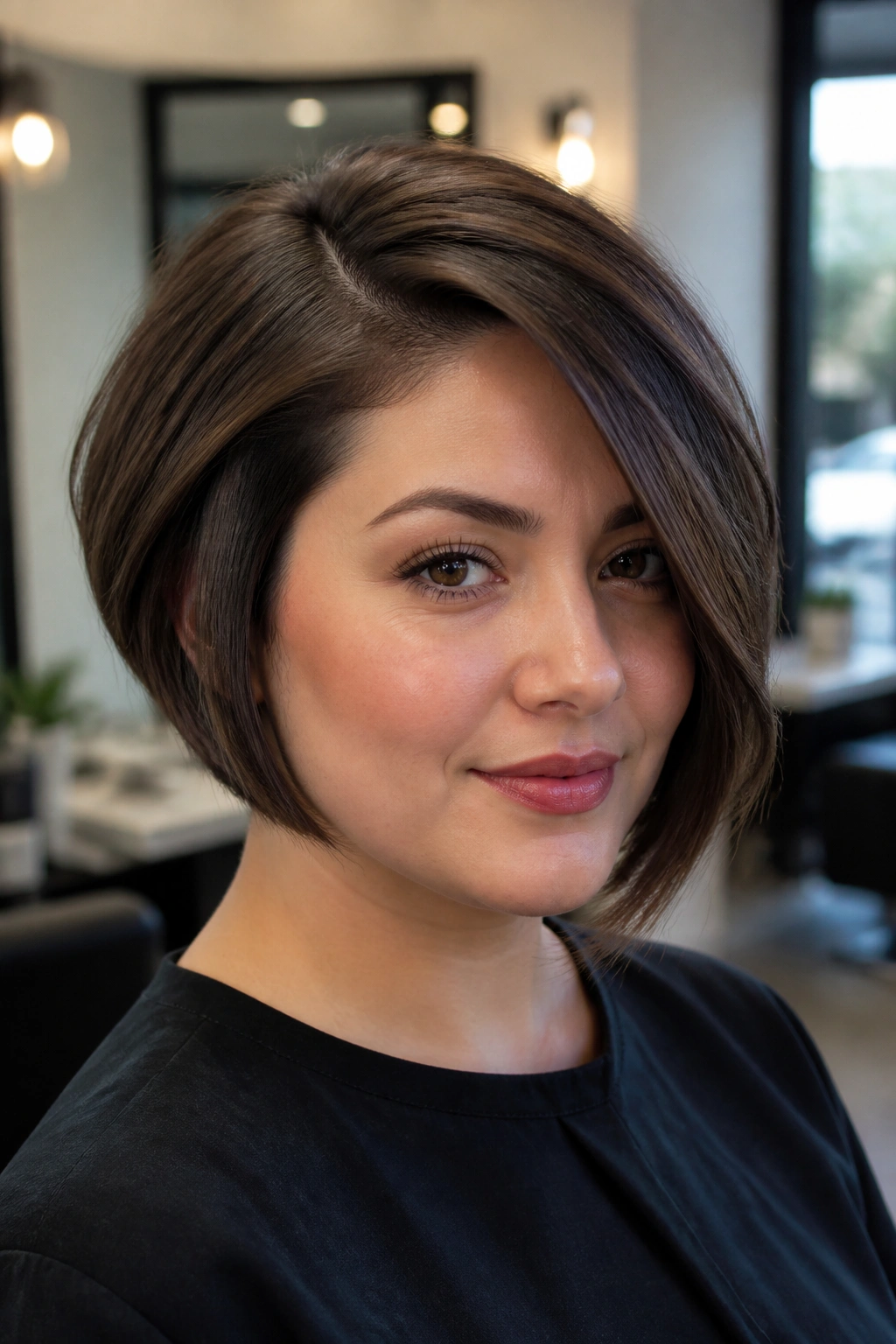 Portrait of a real woman with a deep side-part stacked bob for round faces.