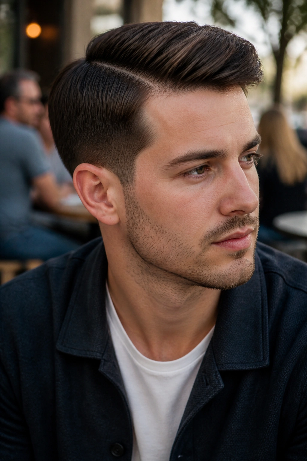 Close-up portrait of a man with a side part taper hairstyle, top swept to the side in outdoor cafe light